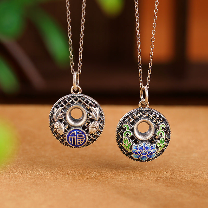 Fortune Jewel 999 Sterling Silver Koi Fish Fu Character Lotus Peace Buckle Wealth Necklace Pendant Fortune Jewel