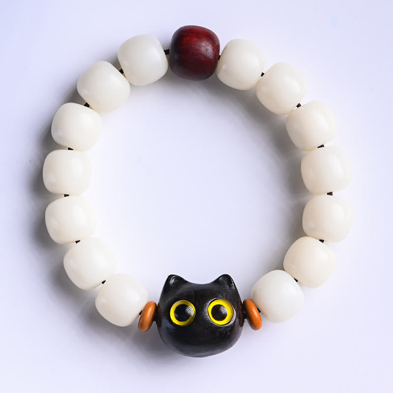 Fortune Jewel Natural Bodhi Seed Small Leaf Red Sandalwood Ebony Wood Cute Lucky Cat Wisdom Bracelet