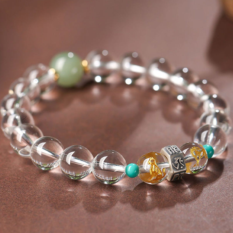 Fortune Jewel 925 Sterling Silver Chinese Zodiac Natal Buddha Auspicious Groups White Crystal Hetian Jade Healing Bracelet