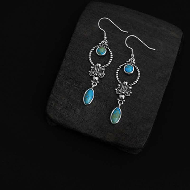 Fortune Jewel 925 Sterling Silver Vintage Turquoise Waterdrop Pattern Balance Drop Dangle Earrings