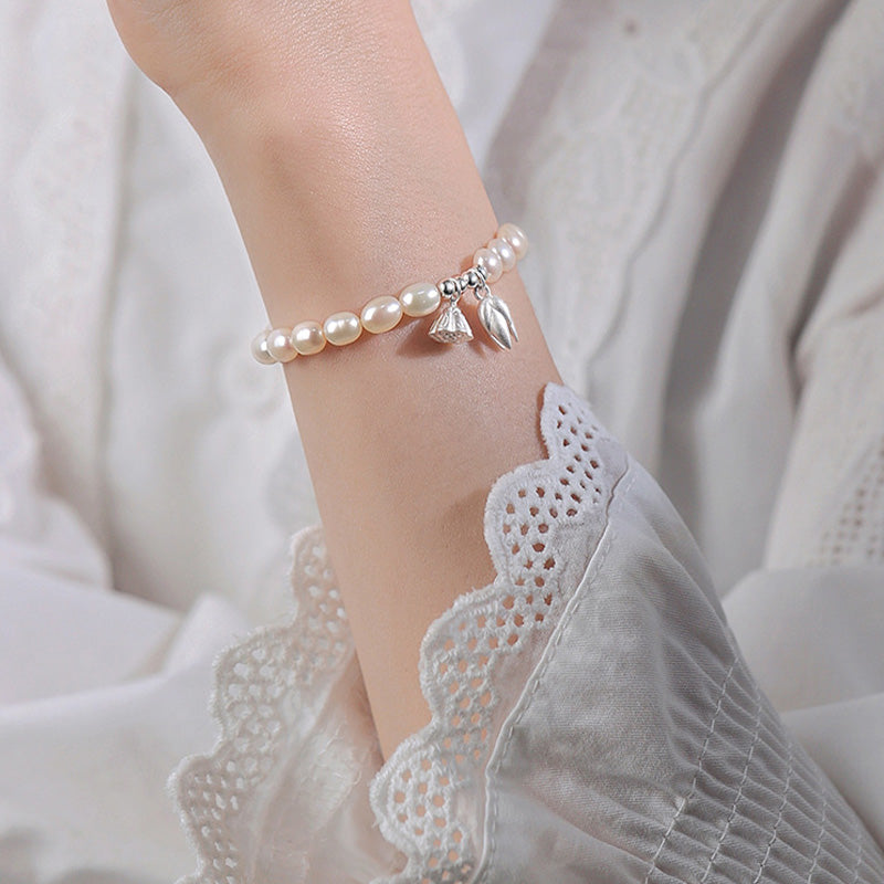 Fortune Jewel 999 Sterling Silver Lotus Flower Pod Natural Pearl Healing Bracelet