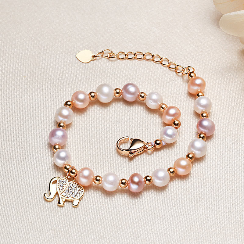 Fortune Jewel 18K Gold Plated Pearl Elephant Zircon Charm Sincerity Bracelet