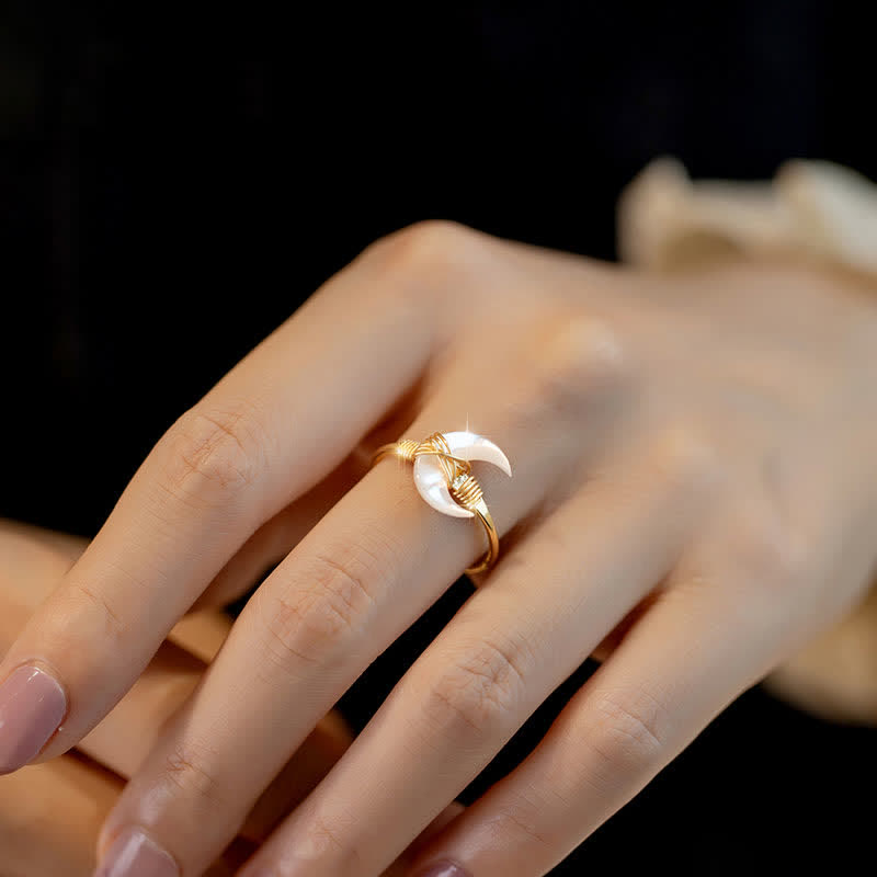 Fortune Jewel Natural Tridacna Stone Moon 14K Gold Blessing Ring - Fortune Jewel