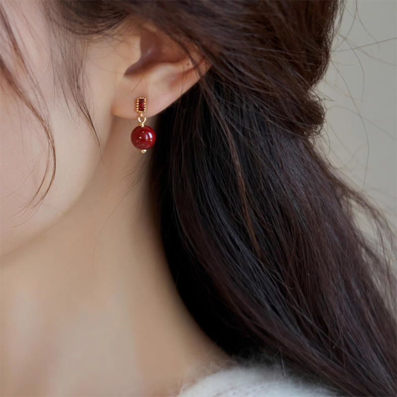Fortune Jewel 925 Sterling Silver Posts 14K Gold Filled Cinnabar Bead Zircon Calm Earrings