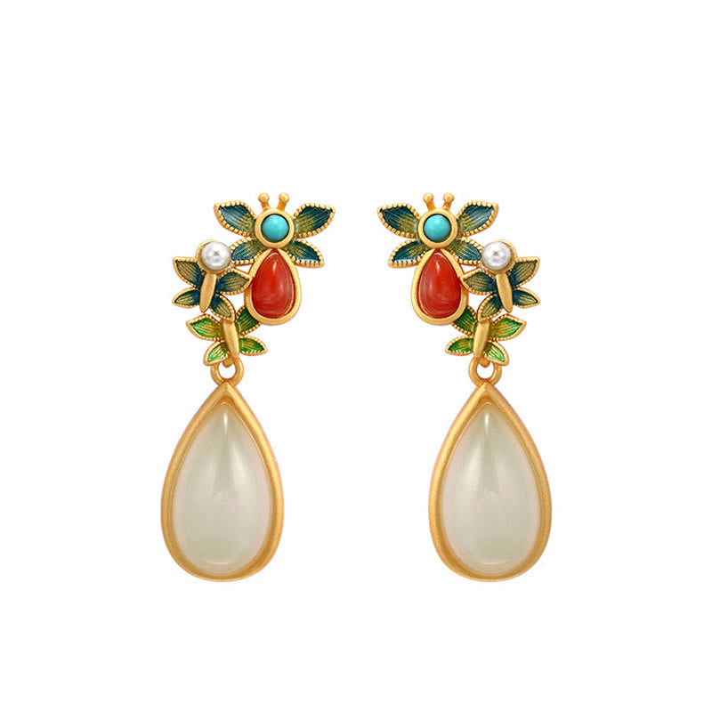 Fortune Jewel Water Drop White Jade Red Agate Butterfly Protection Drop Dangle Earrings