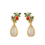 Fortune Jewel Water Drop White Jade Red Agate Butterfly Protection Drop Dangle Earrings