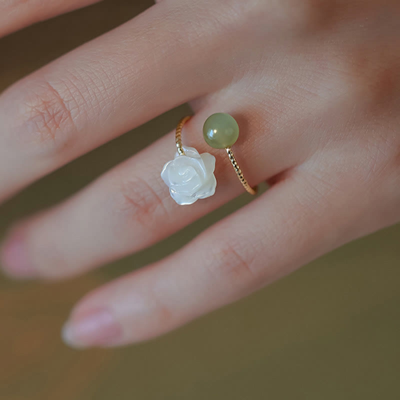 Fortune Jewel 14K Gold Plated Tridacna Stone Rose Flower Jade Bead Blessing Ring