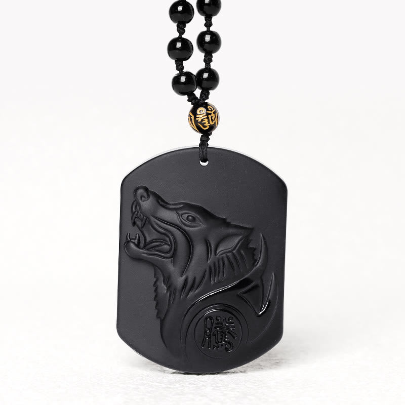 Fortune Jewel Black Obsidian Stone Wolf Purification Pendant Necklace