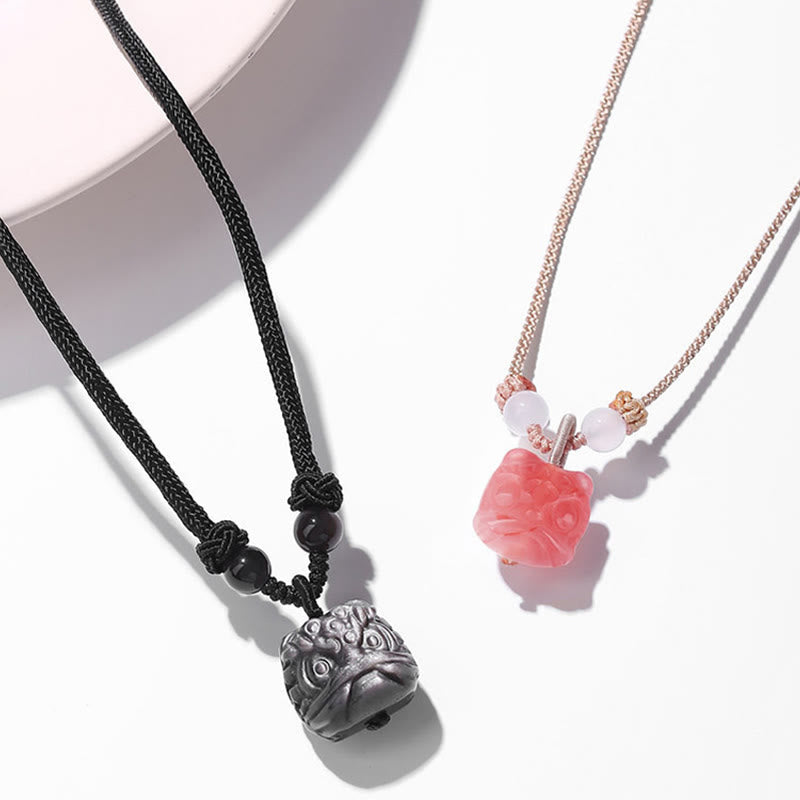 Fortune Jewel Natural Silver Sheen Obsidian Red Agate Dancing Lion Protection Necklace Pendant