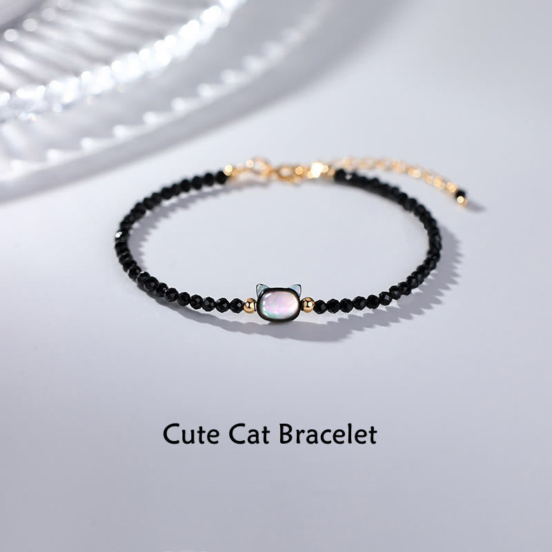 Fortune Jewel 14K Gold Plated Black Spinel White Crystal Cute Cat Tridacna Stone Healing Bracelet