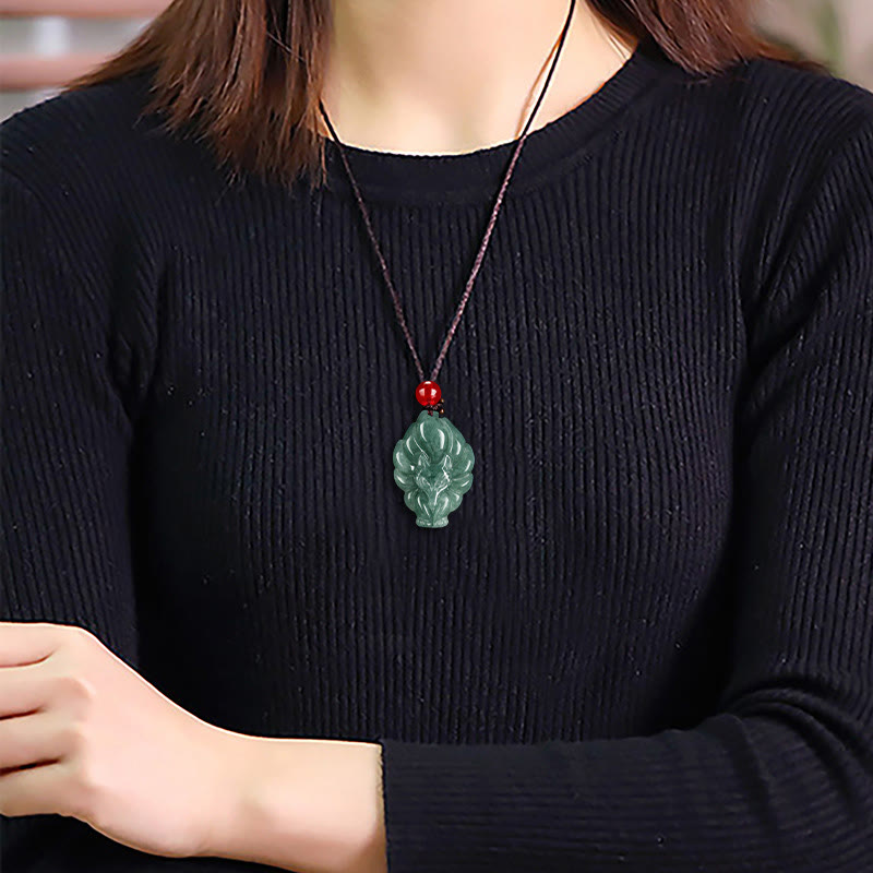 Fortune Jewel Natural Green Jade Nine Tailed Fox Luck Necklace Pendant