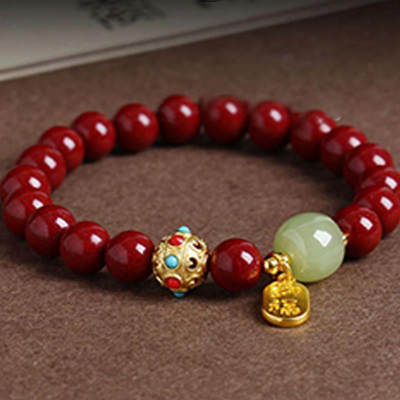 Fortune Jewel Cinnabar Green Aventurine Fortune Protection Charm Bracelet