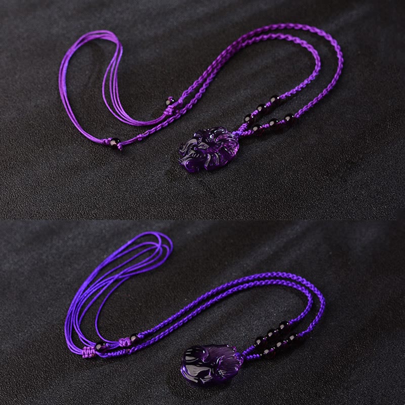 Fortune Jewel Natural Amethyst White Crystal Citrine Nine Tailed Fox Luck Necklace Pendant