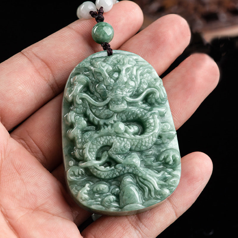 Buddha Stones Chinese Zodiac Dragon Jade Prosperity Necklace Bead String Pendant Fortune Jewel