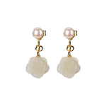 Fortune Jewel 925 Sterling Silver Plated Gold Jade Rose Flower Cyan Jade Pearl Luck Earrings