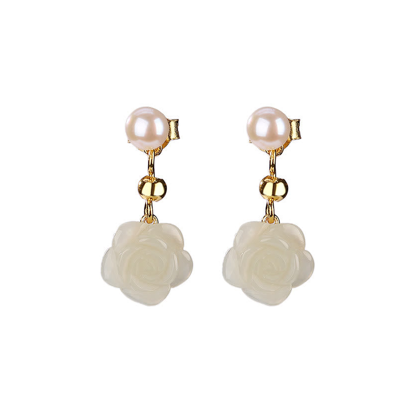 Fortune Jewel 925 Sterling Silver Plated Gold Jade Rose Flower Cyan Jade Pearl Luck Earrings