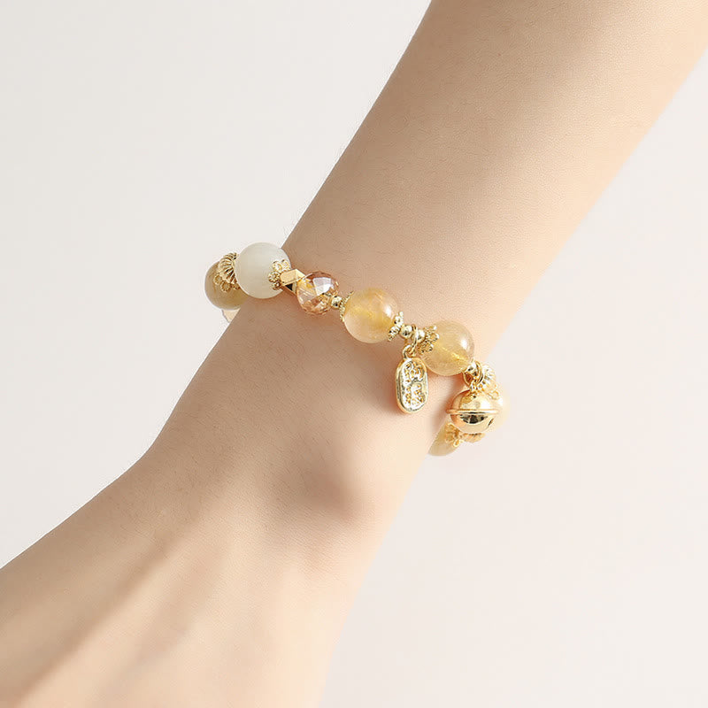 Fortune Jewel 14K Gold Plated Golden Rutilated Quartz Wealth Bell Lucky Fortune Charm Bracelet