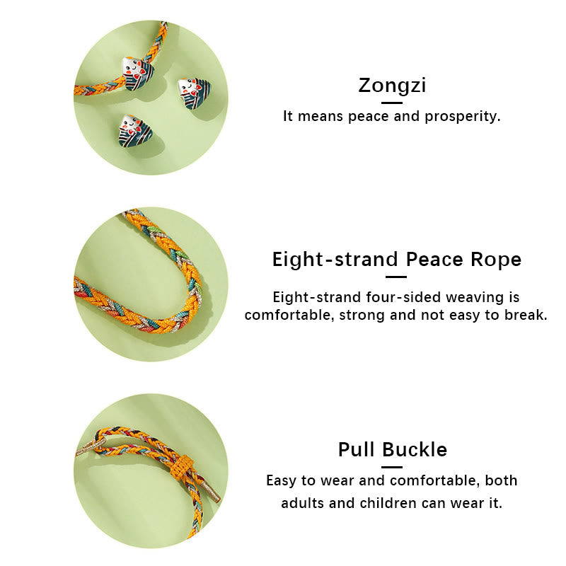 Fortune Jewel 925 Sterling Silver Dragon Boat Festival Zongzi Pattern Luck Handmade Multicolored Rope Child Adult Bracelet