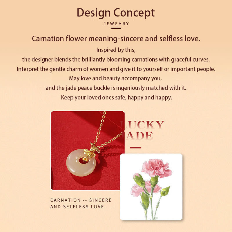 Fortune Jewel 925 Sterling Silver Natural Hetian Jade Carnation Flower Prosperity Necklace Pendant