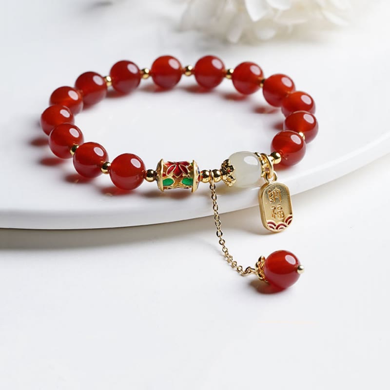 Fortune Jewel Natural Red Agate Hetian Jade Fu Character Confidence Charm Bracelet