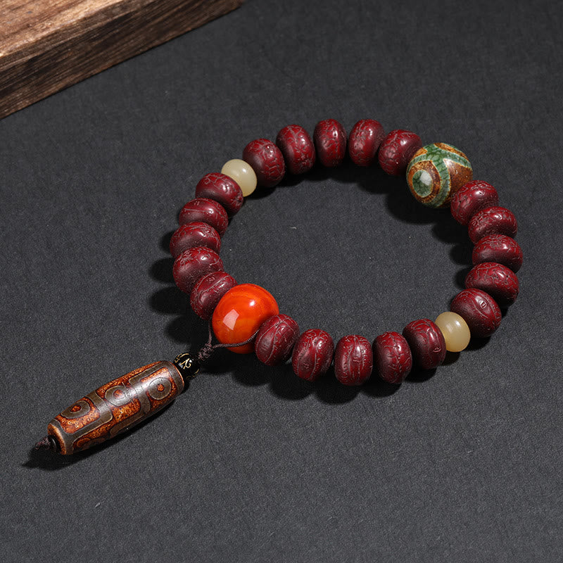Fortune Jewel Tibet Bodhi Seed Dzi Bead Dancing Lion Luck Bracelet Wrist Mala