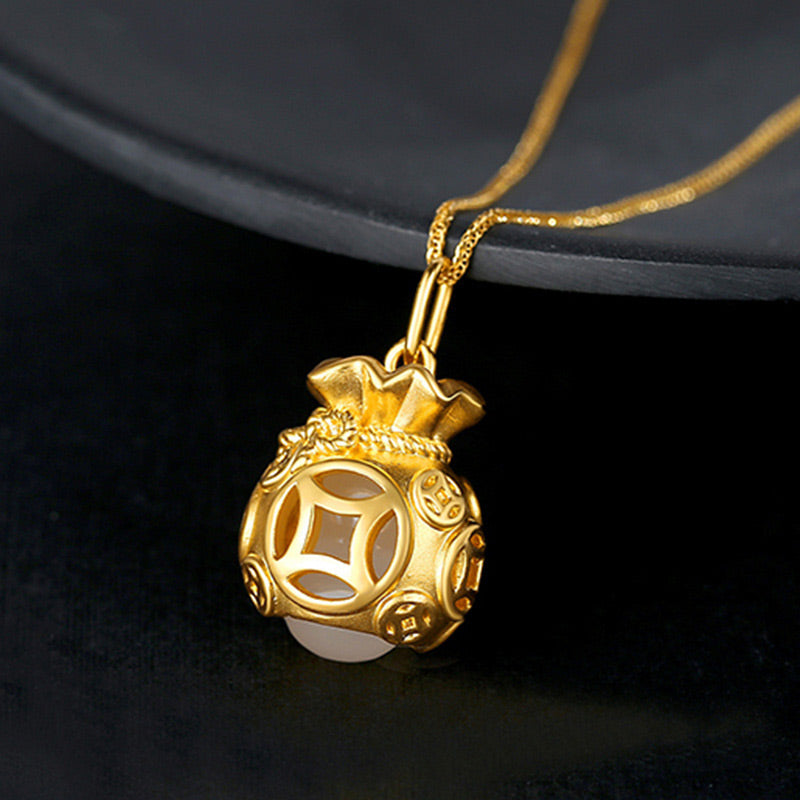 Fortune Jewel  Auspicious Feng Shui Money Bag Jade Pendant Necklace