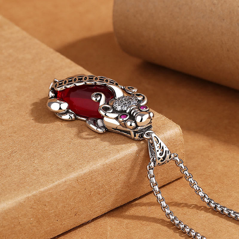 Fortune Jewel PiXiu Garnet Copper Coin Wealth Luck Necklace Pendant