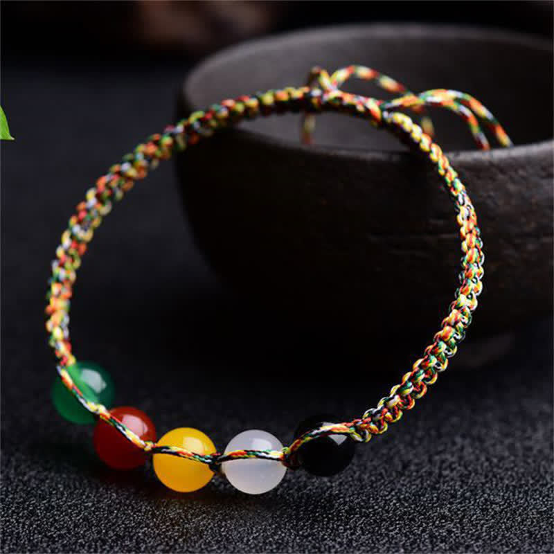 Fortune Jewel Colorful Agate Metal Wood Water Fire Earth Five Elements String Bracelet