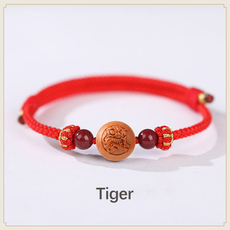 Fortune Jewel Natural Peach Wood Chinese Zodiac Fu Character Carved Cinnabar Wealth Bracelet