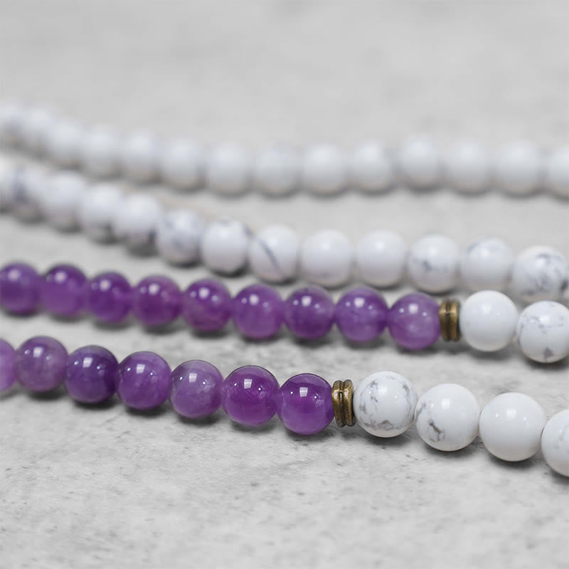 Fortune Jewel 108 Mala Beads Amethyst White Turquoise OM Healing Meditation Energy Bracelet