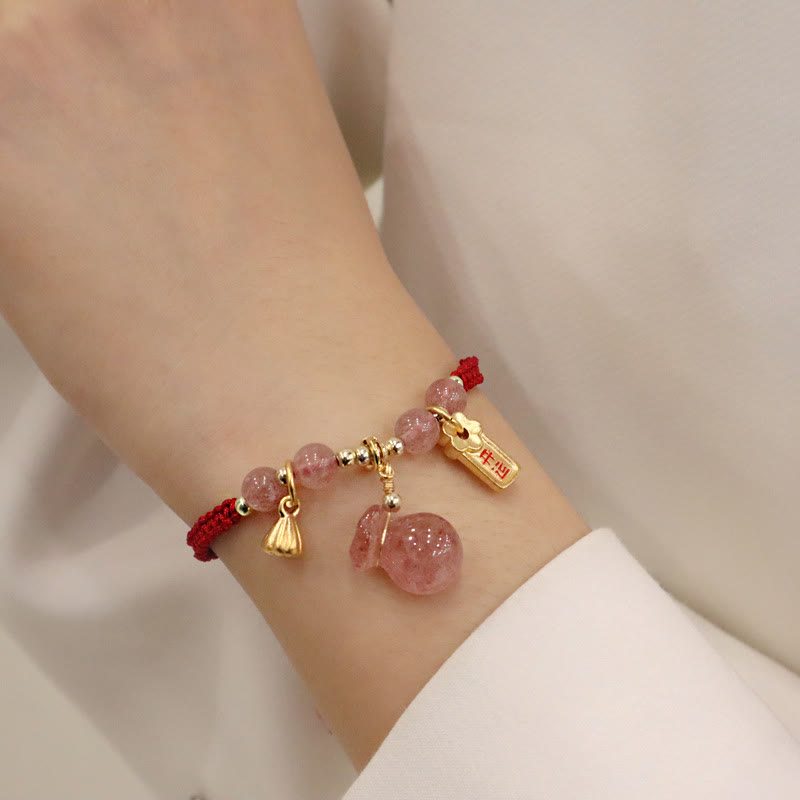 Fortune Jewel Natural Strawberry Quartz Money Bag Lotus Healing Charm Red String Braided Bracelet