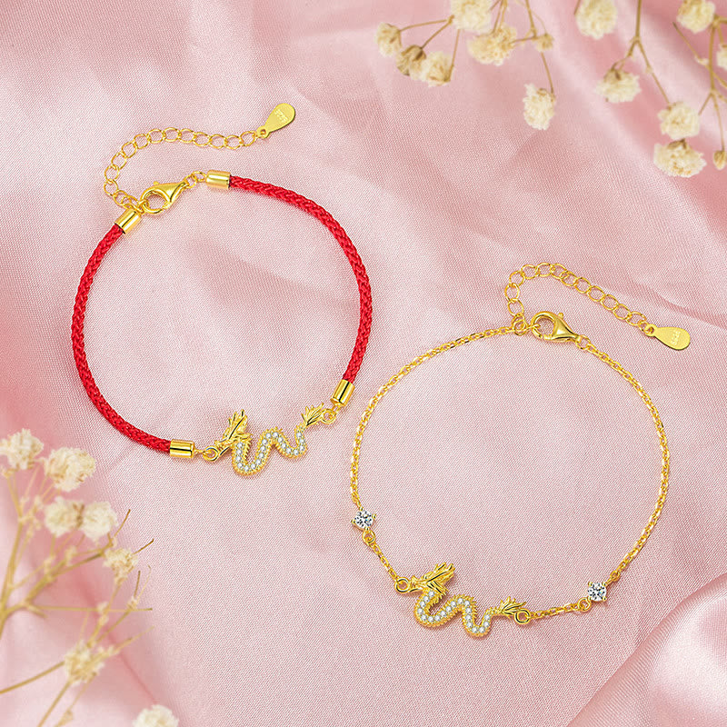 Fortune Jewel 925 Sterling Silver Year Of The Dragon Auspicious Golden Dragon Luck Red Rope Chain Bracelet