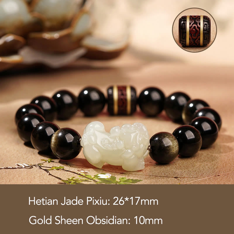 Fortune Jewel Natural Gold Sheen Obsidian Hetian Cyan Jade White Jade PiXiu Wealth Bracelet