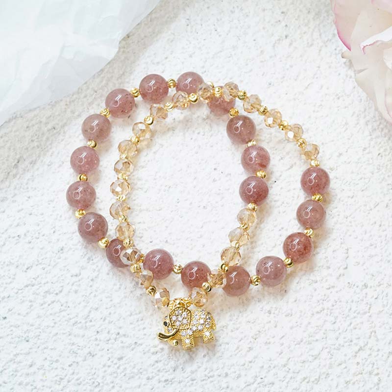 Fortune Jewel Rose Quartz Elephant Healing Energy Charm Bracelet