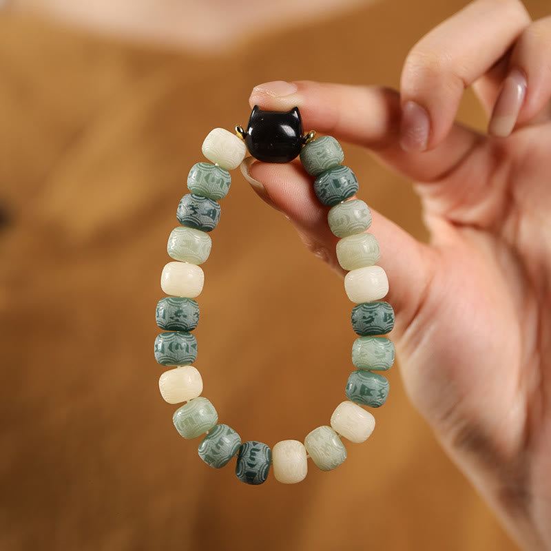 Fortune Jewel Bodhi Seed Silver Sheen Obsidian Cat Head Om Mani Padme Hum Engraved Harmony Bracelet