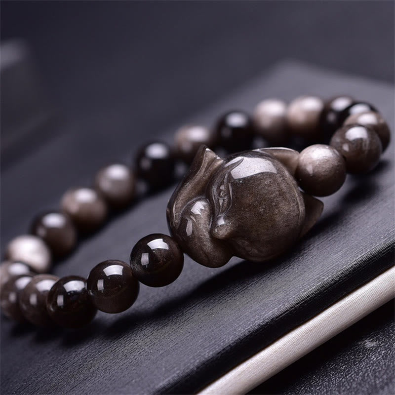 Fortune Jewel Natural Silver Sheen Obsidian Fox Protection Bracelet