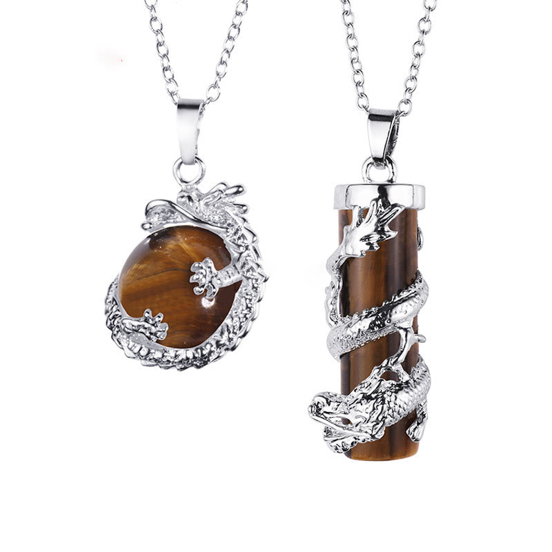 Fortune Jewel 2pc Dragon Wrapped Round Ball Gemstone Couple Necklace Pendant