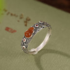 Fortune Jewel 925 Sterling Silver Red Agate Cyan Jade Gourd Blessing Auspicious Ring