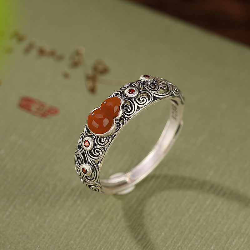 Fortune Jewel 925 Sterling Silver Red Agate Cyan Jade Gourd Blessing Auspicious Ring