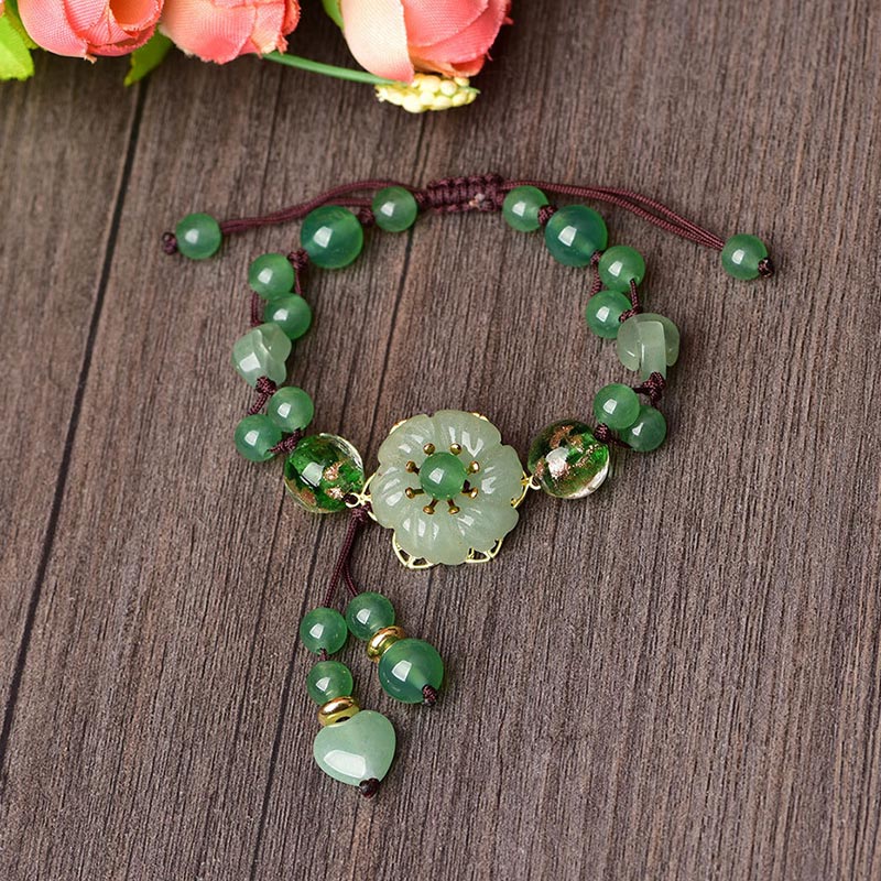 Fortune Jewel Natural Green Jade Luck Dangling Flower Bracelet
