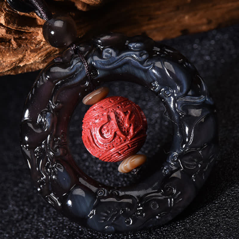 Fortune Jewel FengShui Natural Rainbow Obsidian PiXiu Cinnabar Healing Necklace Pendant
