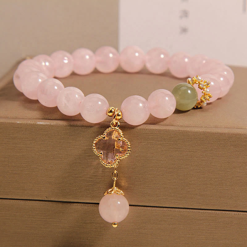 Fortune Jewel Natural Pink Crystal Four Leaf Clover Soothing Bracelet