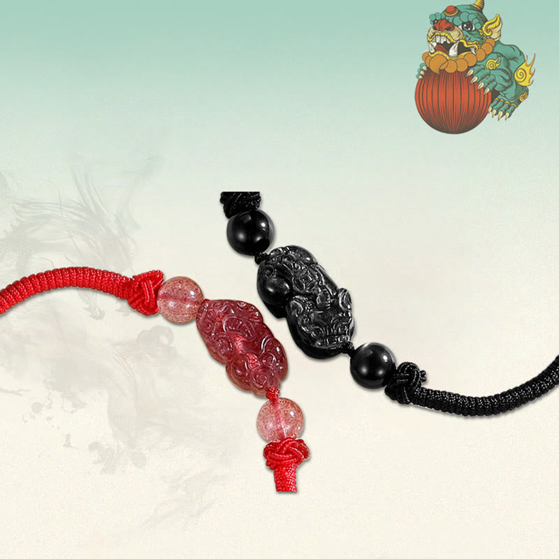 Fortune Jewel Handmade Natural Silver Sheen Obsidian Strawberry Quartz PiXiu Protection Braided Bracelet