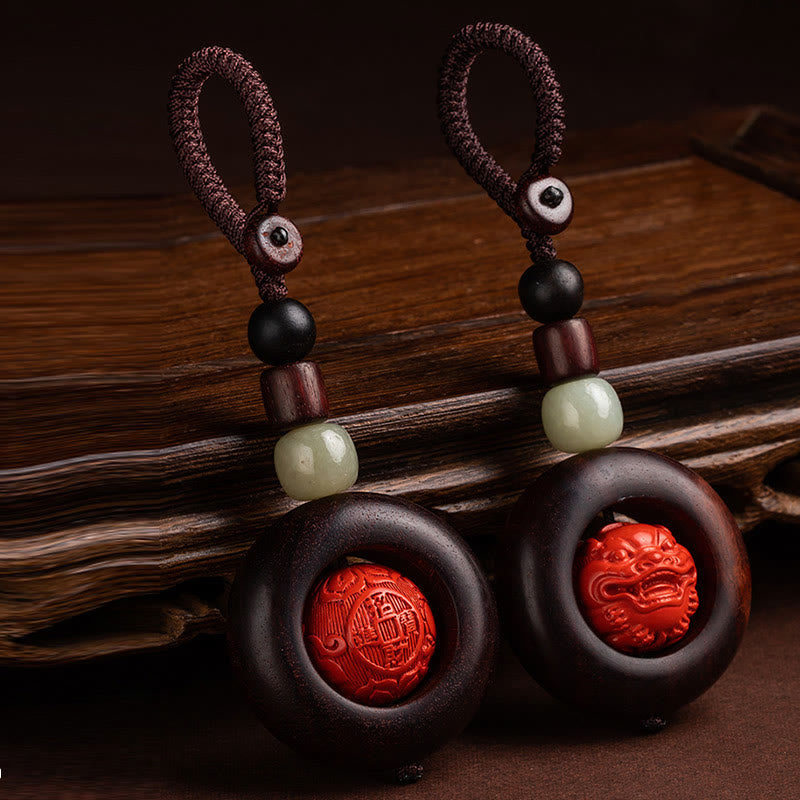 Fortune Jewel Tibet Om Mani Padme Hum PiXiu Copper Coin Small Leaf Red Sandalwood Cinnabar Protection Key Chain