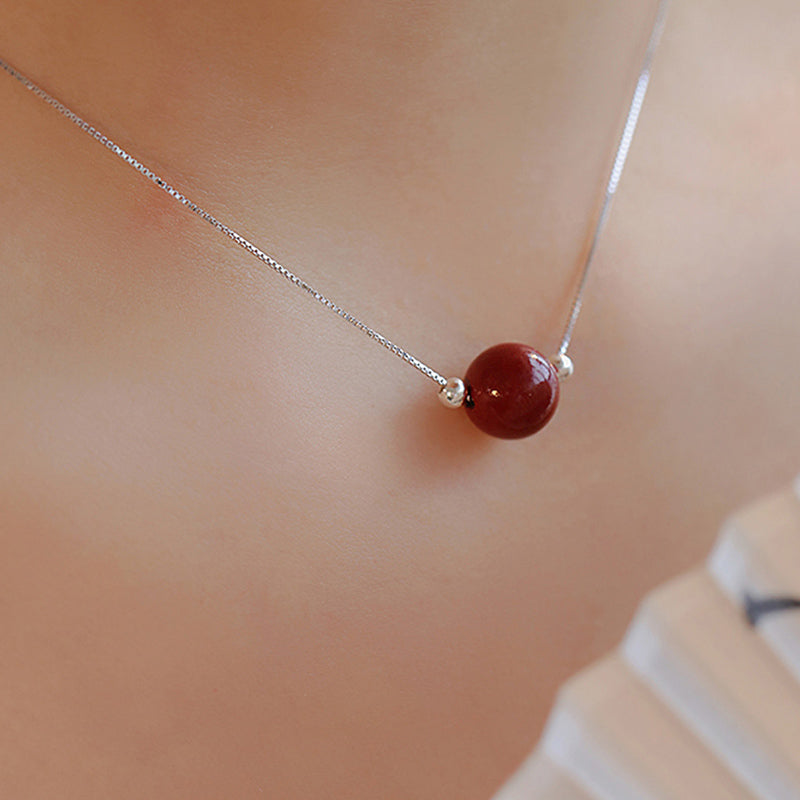 Fortune Jewel 925 Sterling Silver Cinnabar Bead Calm Blessing Necklace Pendant