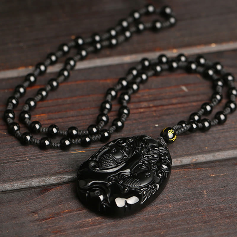 Fortune Jewel Black Obsidian Koi Fish Bead Rope Fulfilment Strength Necklace Pendant - Fortune Jewel