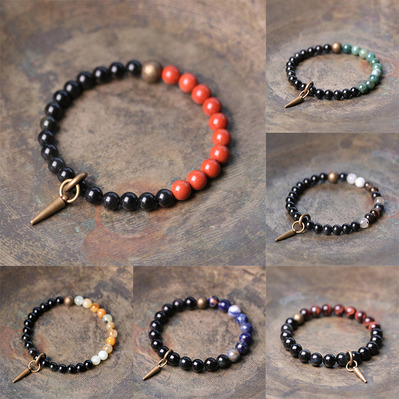 Fortune Jewel Black Obsidian Sodalite Crystal Copper Strength Couple Bracelet