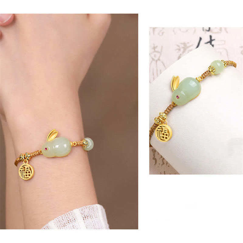 Fortune Jewel Year of the Rabbit Hetian Jade Happiness Blessing Wealth String Bracelet