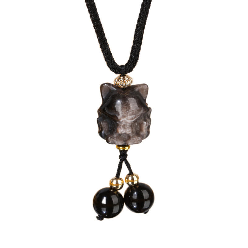 Fortune Jewel Natural Silver Sheen Obsidian Nine Tailed Fox Protection Necklace Pendant