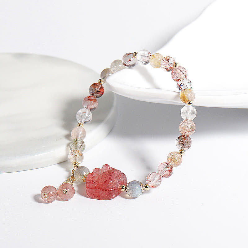 Fortune Jewel Natural Strawberry Quartz Cat Paw Claw Colorful Rutilated Quartz Moonstone Love Bracelet